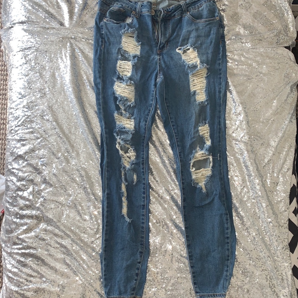 Medium dark distressed jeans